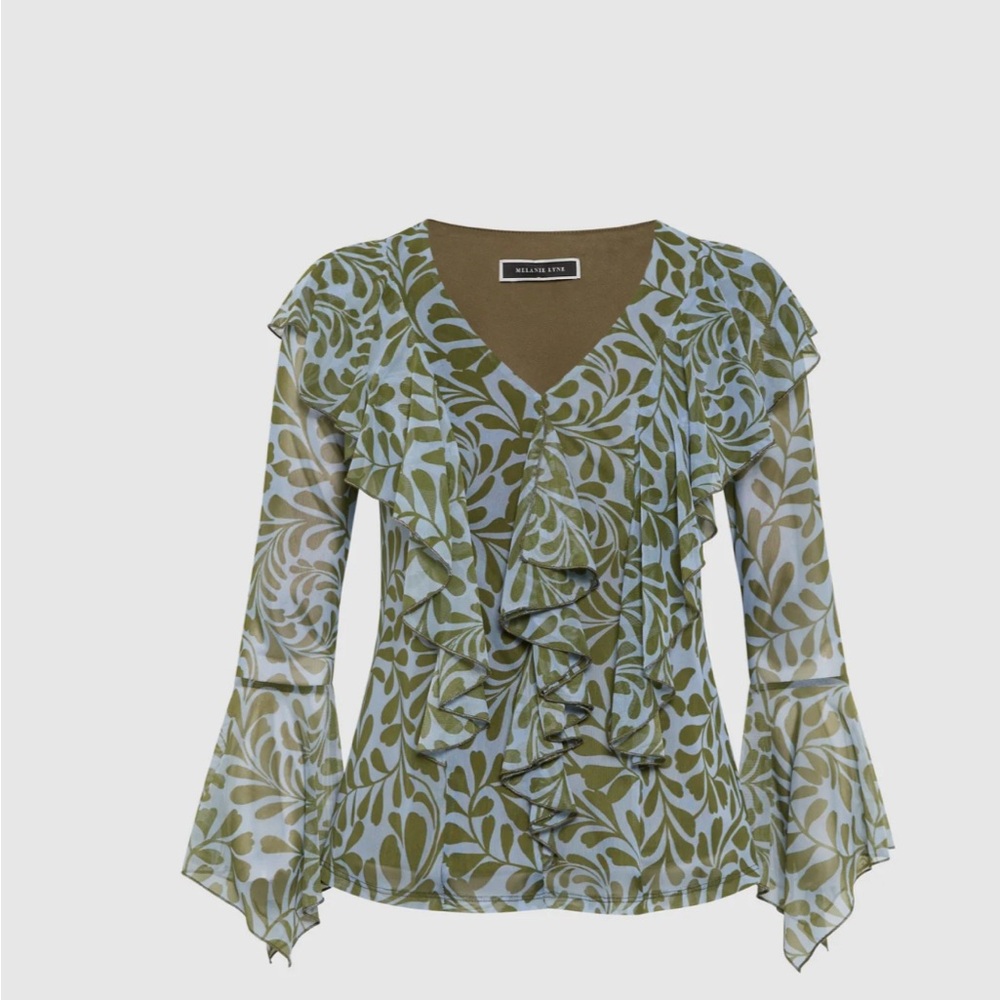 Green and Brown Ruffled Flutter Sleeve Blouse New with tags!